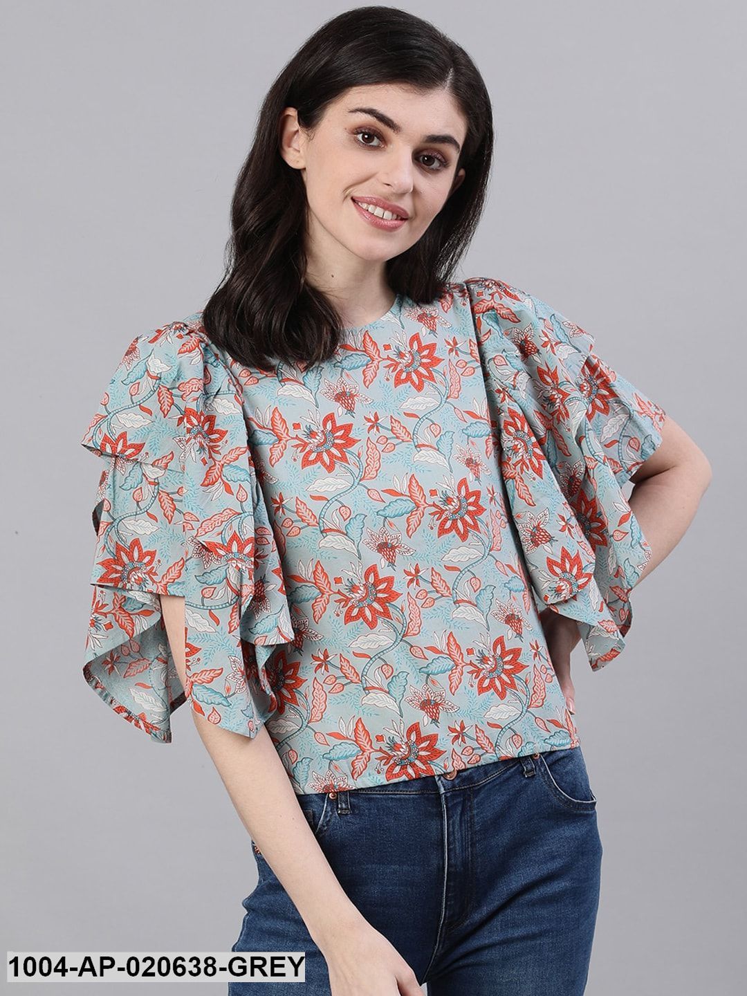 Grey & Orange Floral Printed Top