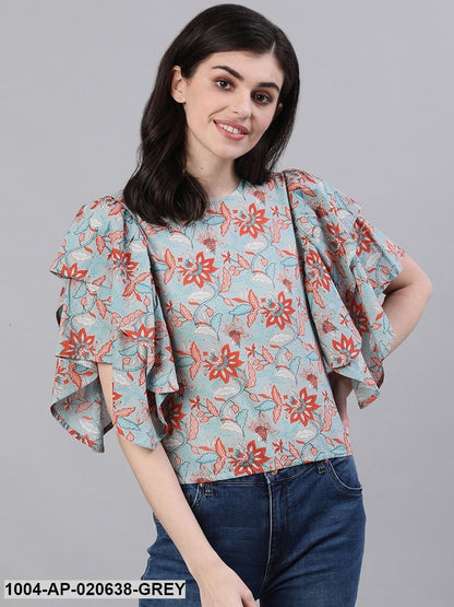 Grey & Orange Floral Printed Top