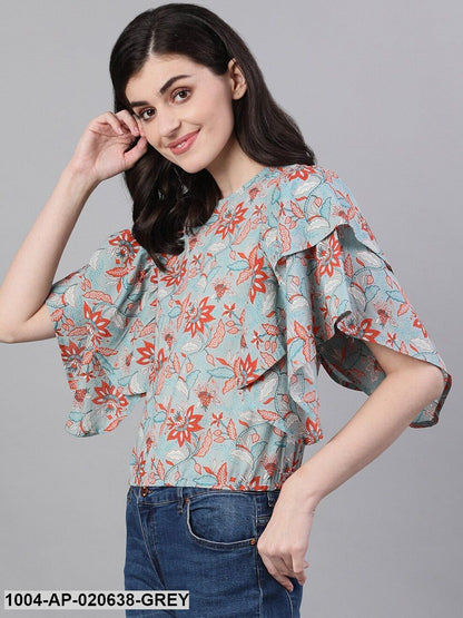 Grey & Orange Floral Printed Top