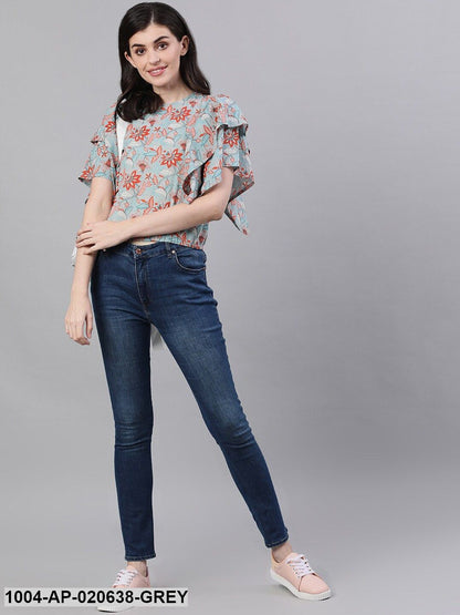 Grey & Orange Floral Printed Top