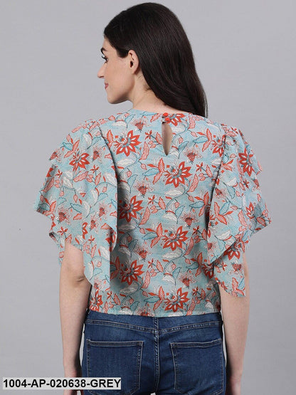 Grey & Orange Floral Printed Top