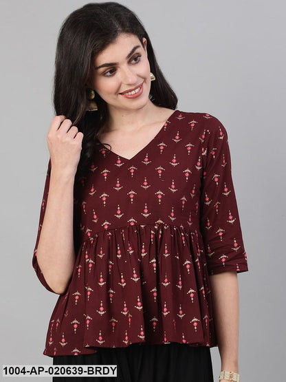 Burgundy  White Floral Printed Pure Cotton Top