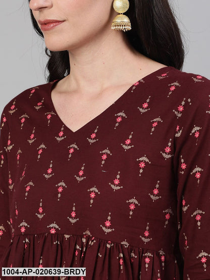 Burgundy  White Floral Printed Pure Cotton Top