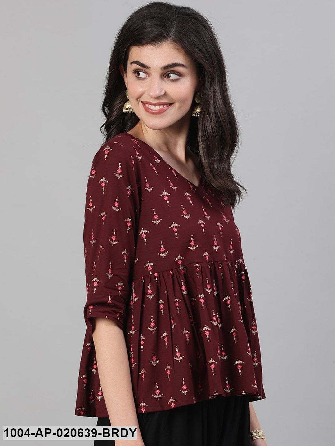 Burgundy  White Floral Printed Pure Cotton Top