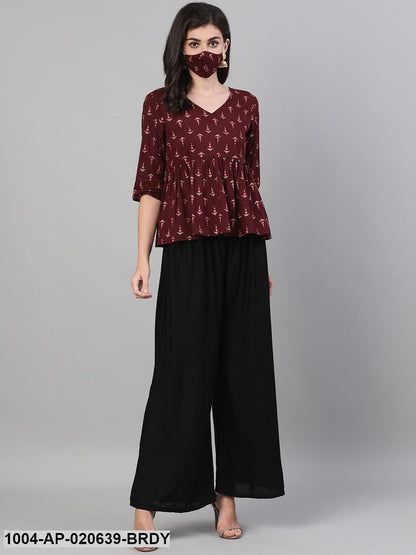 Burgundy  White Floral Printed Pure Cotton Top