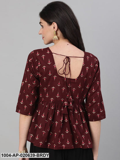 Burgundy  White Floral Printed Pure Cotton Top