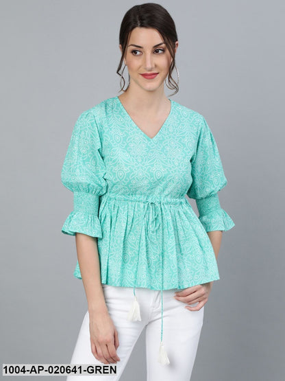 Green & White Printed Bell Sleeves Pure Cotton Cinched Waist Top