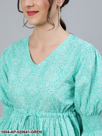 Green & White Printed Bell Sleeves Pure Cotton Cinched Waist Top