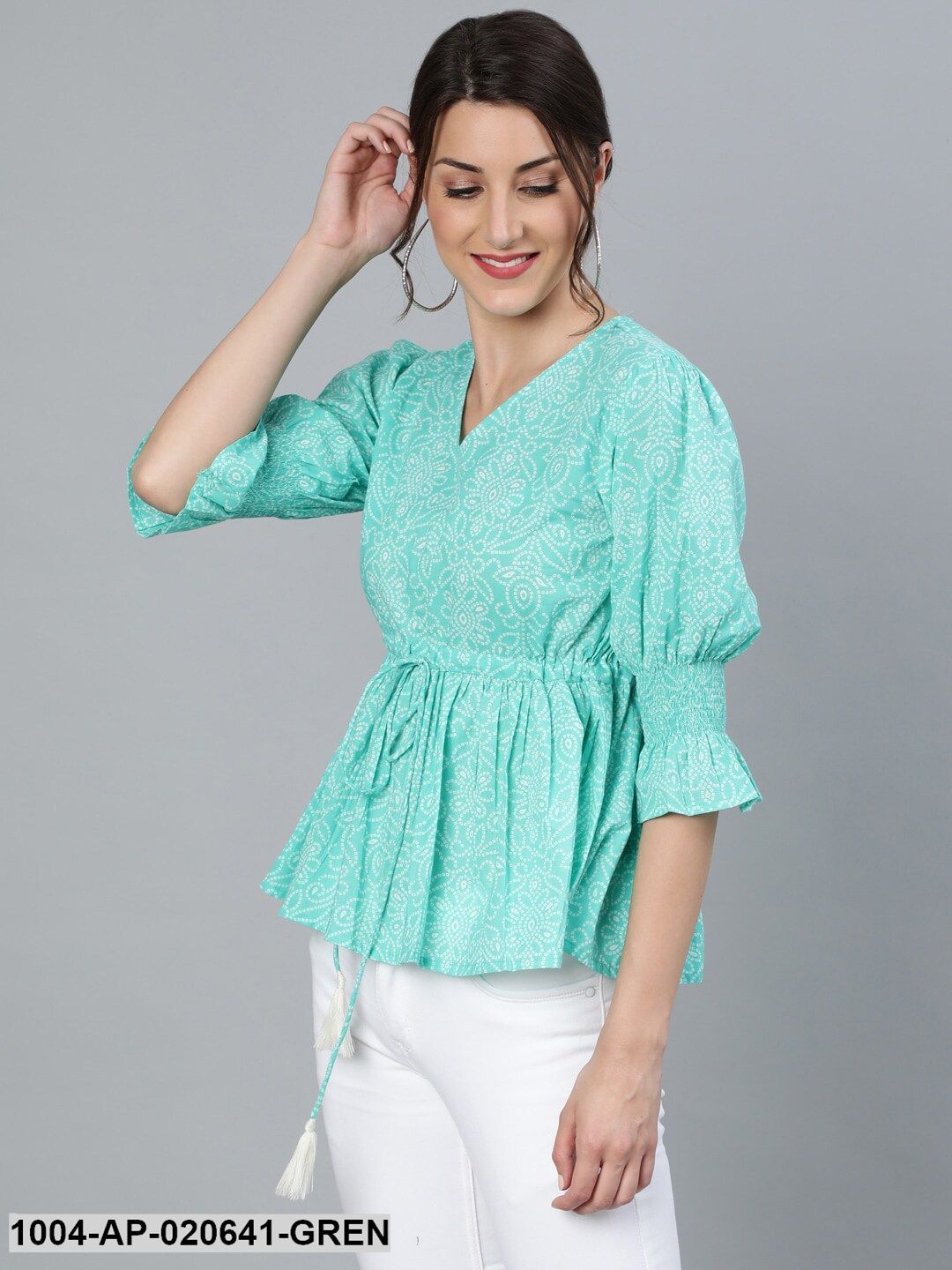 Green & White Printed Bell Sleeves Pure Cotton Cinched Waist Top