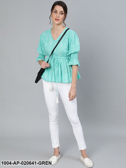 Green & White Printed Bell Sleeves Pure Cotton Cinched Waist Top