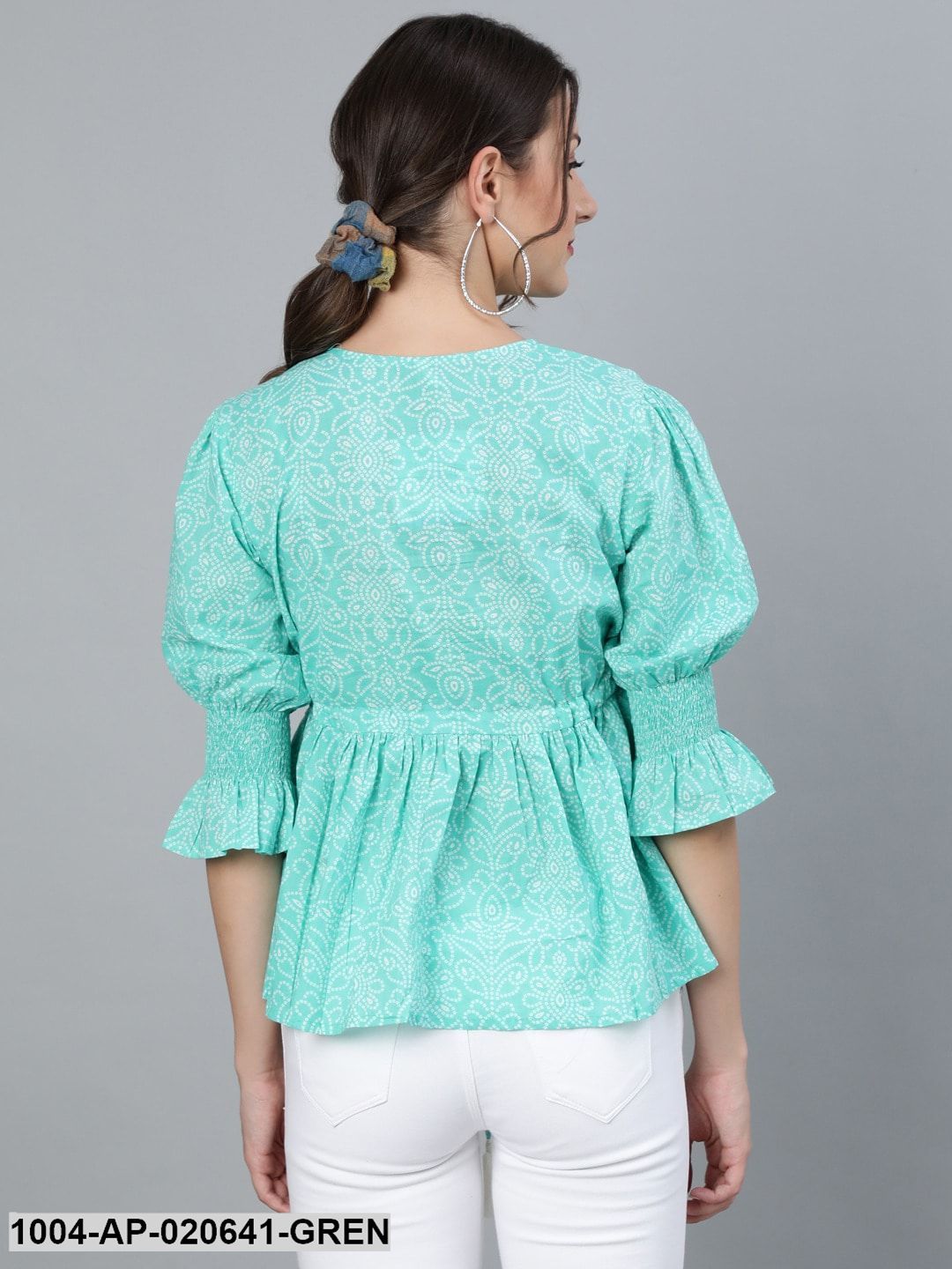 Green & White Printed Bell Sleeves Pure Cotton Cinched Waist Top