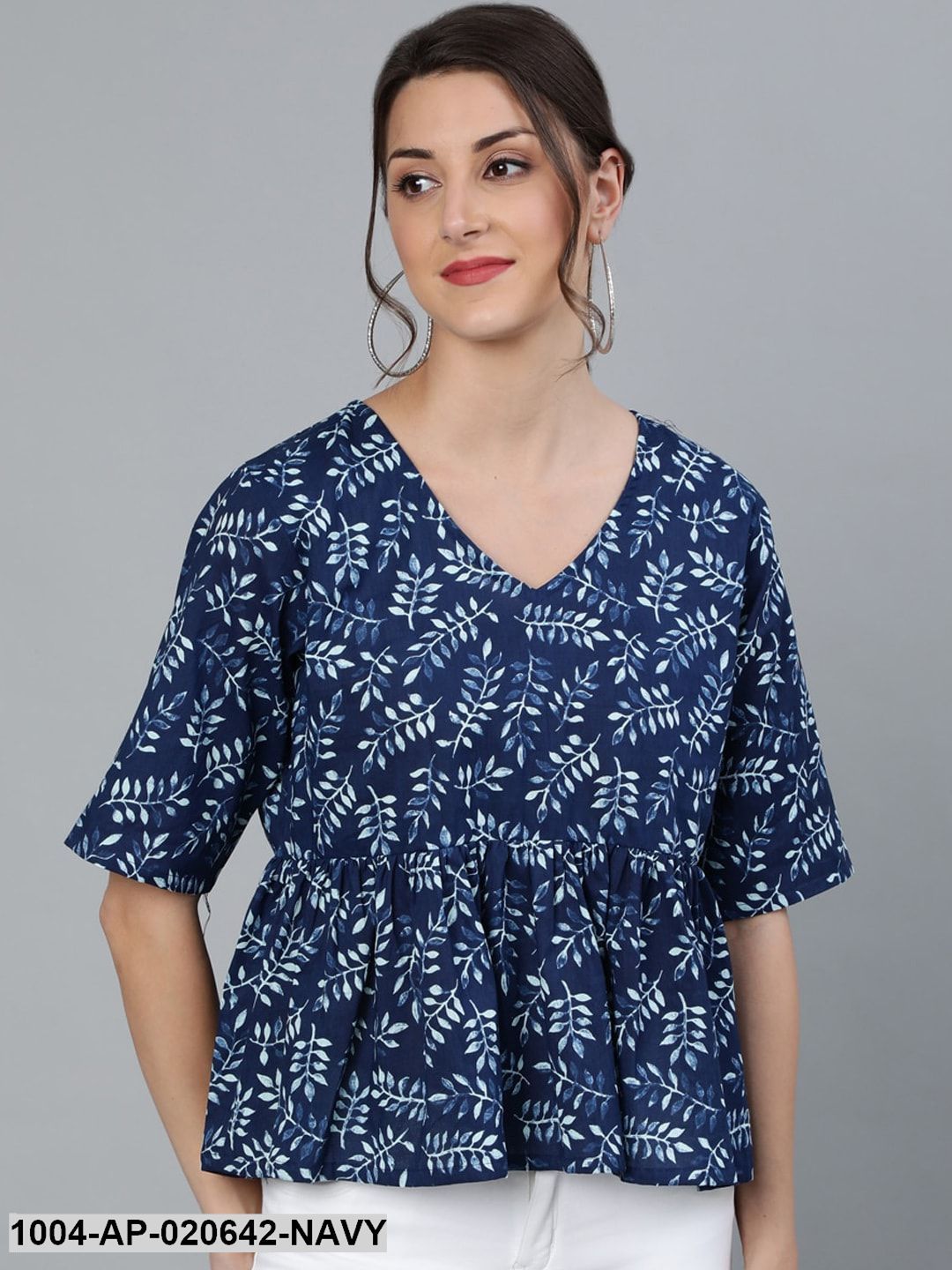 Navy Blue & White Floral Printed Pure Cotton A-Line Top