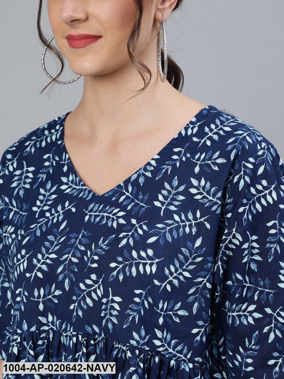 Navy Blue & White Floral Printed Pure Cotton A-Line Top