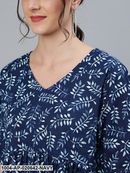 Navy Blue & White Floral Printed Pure Cotton A-Line Top