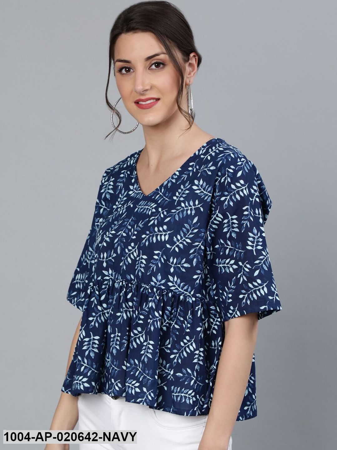 Navy Blue & White Floral Printed Pure Cotton A-Line Top
