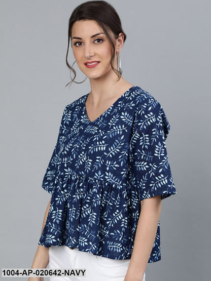 Navy Blue & White Floral Printed Pure Cotton A-Line Top