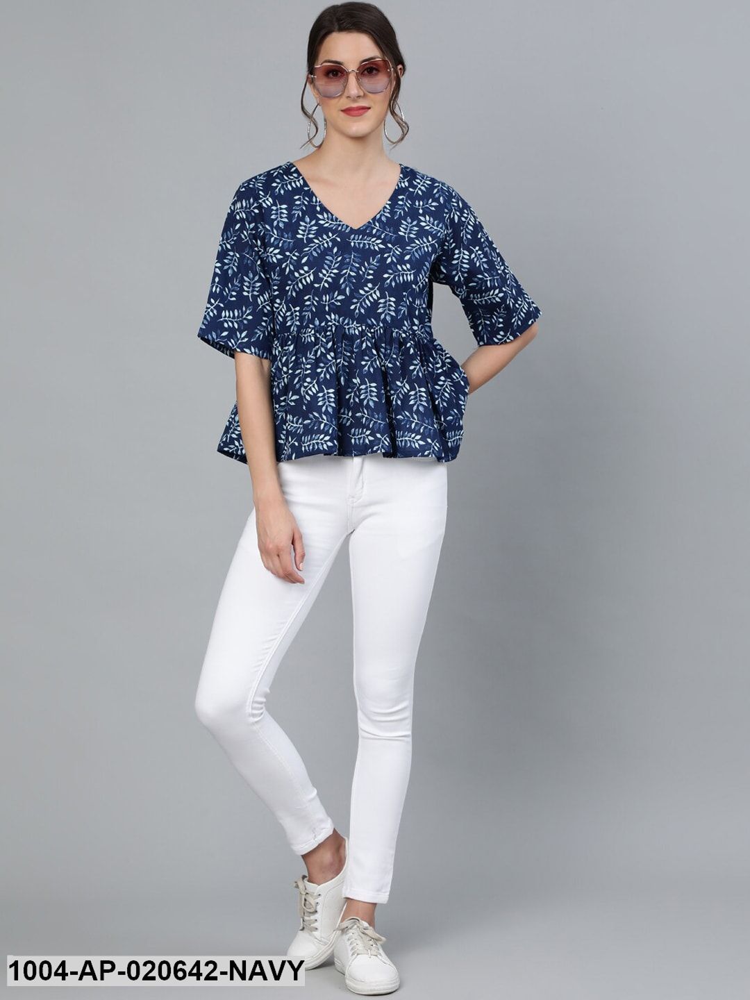 Navy Blue & White Floral Printed Pure Cotton A-Line Top