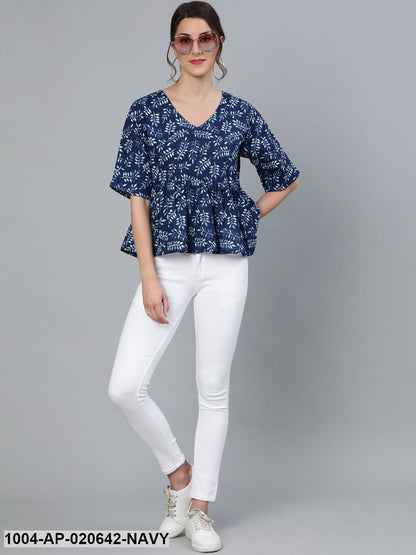Navy Blue & White Floral Printed Pure Cotton A-Line Top