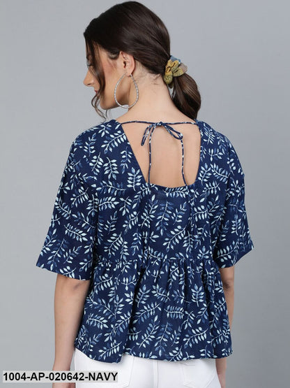 Navy Blue & White Floral Printed Pure Cotton A-Line Top