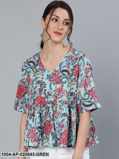Green & Red Printed Pure Cotton A-Line Top