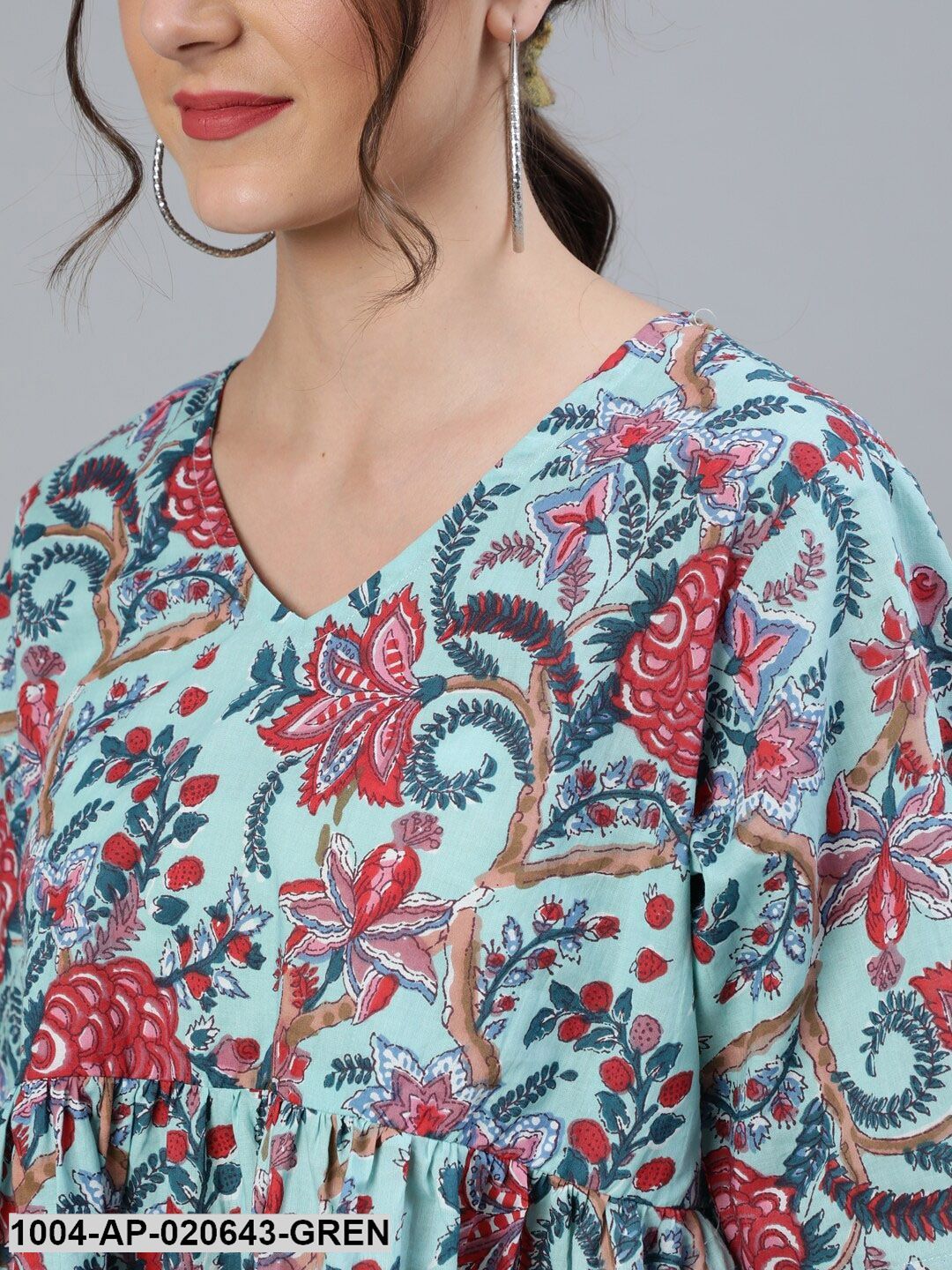 Green & Red Printed Pure Cotton A-Line Top