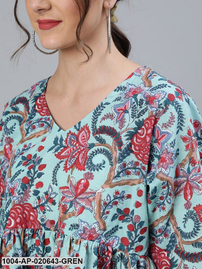 Green & Red Printed Pure Cotton A-Line Top