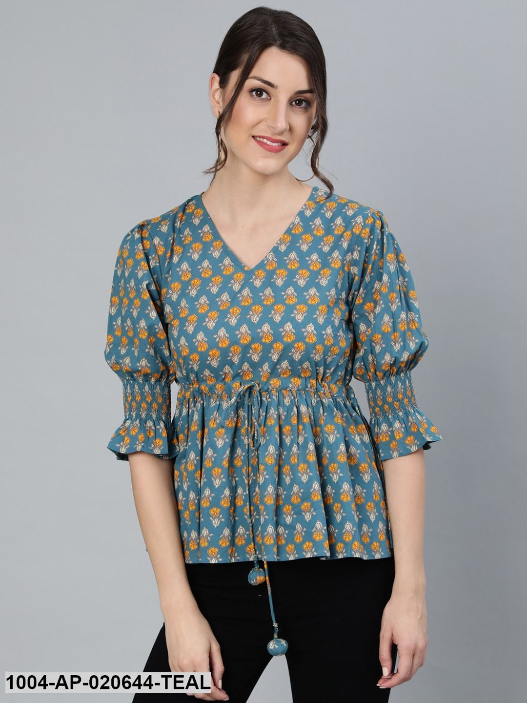 Teal Blue & Yellow Floral Printed Bell Sleeves Pure Cotton A-Line Top