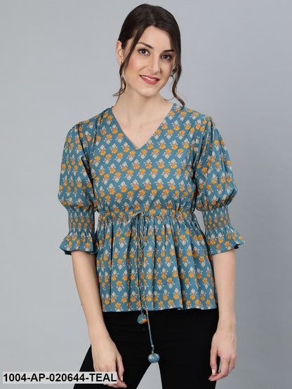 Teal Blue & Yellow Floral Printed Bell Sleeves Pure Cotton A-Line Top