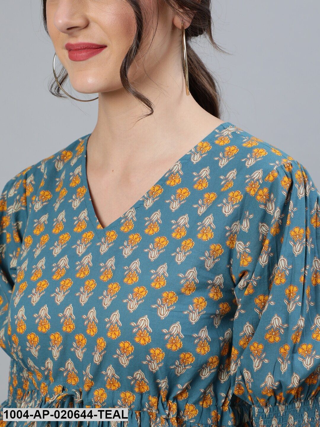 Teal Blue & Yellow Floral Printed Bell Sleeves Pure Cotton A-Line Top