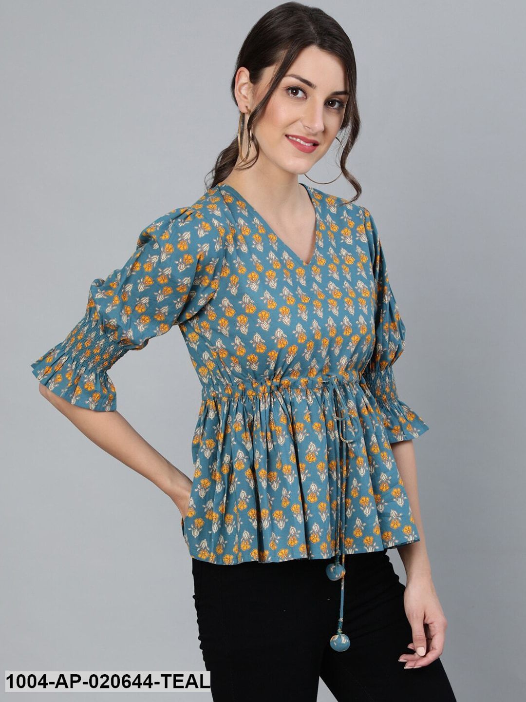 Teal Blue & Yellow Floral Printed Bell Sleeves Pure Cotton A-Line Top