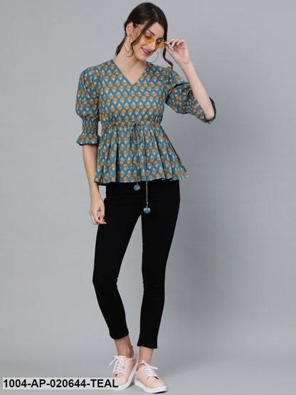 Teal Blue & Yellow Floral Printed Bell Sleeves Pure Cotton A-Line Top