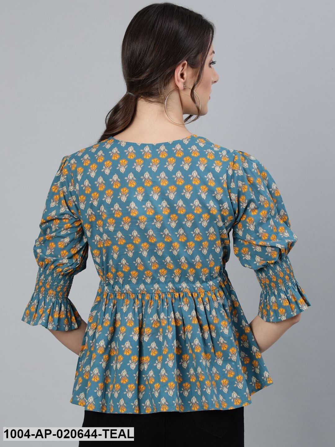 Teal Blue & Yellow Floral Printed Bell Sleeves Pure Cotton A-Line Top