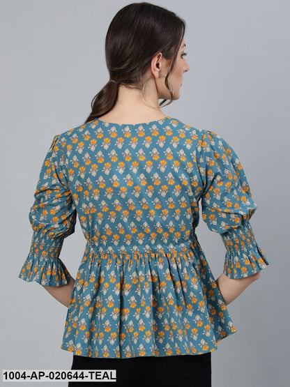 Teal Blue & Yellow Floral Printed Bell Sleeves Pure Cotton A-Line Top