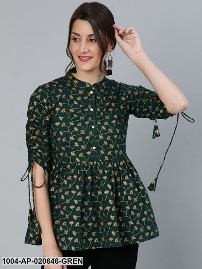 Green Mandarin Collar Cinched Waist Top