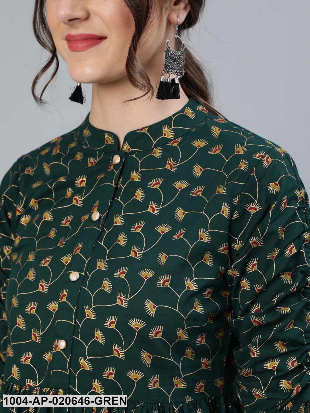 Green Mandarin Collar Cinched Waist Top