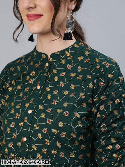 Green Mandarin Collar Cinched Waist Top