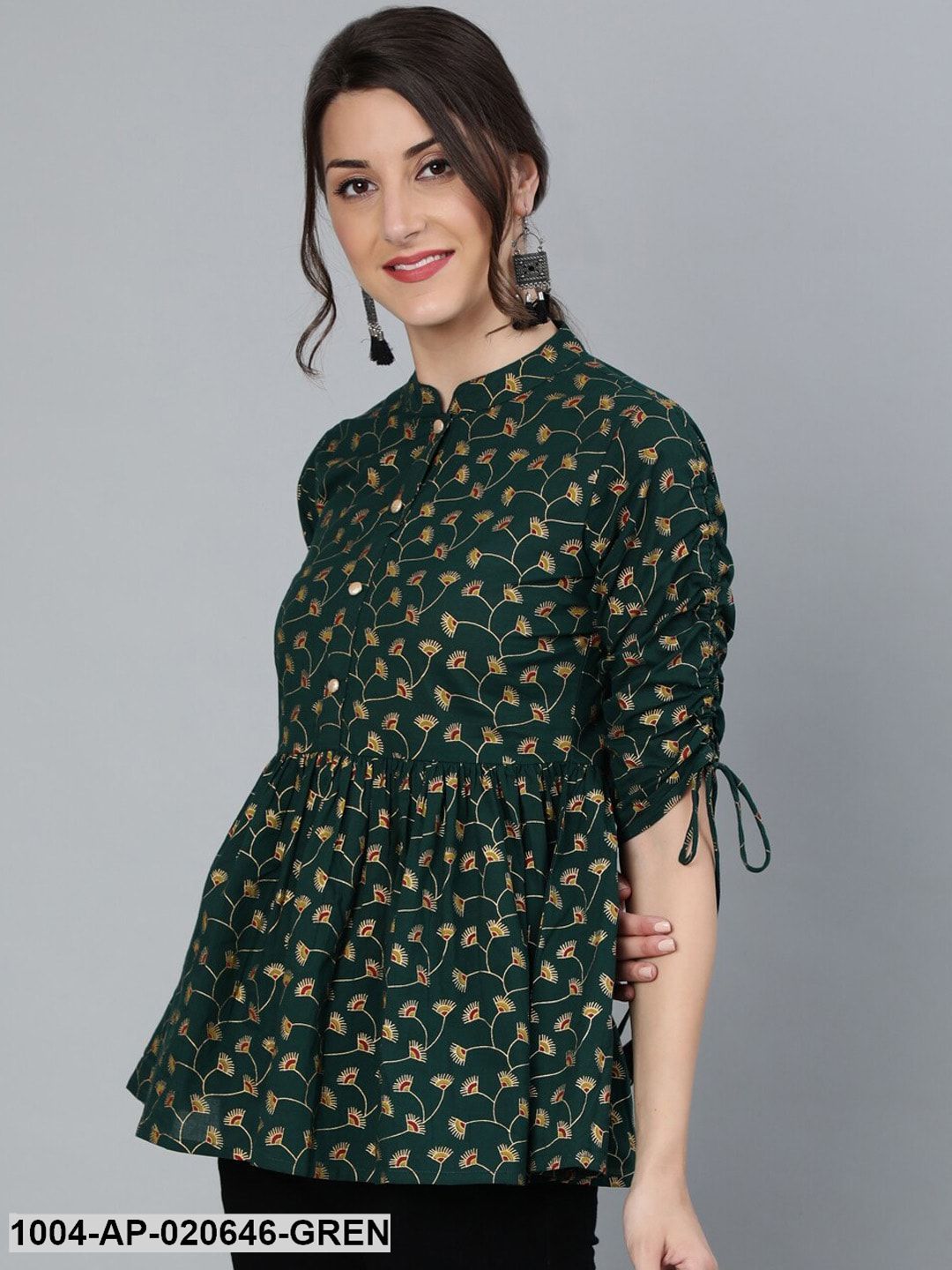 Green Mandarin Collar Cinched Waist Top