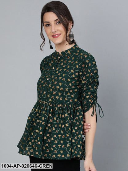 Green Mandarin Collar Cinched Waist Top