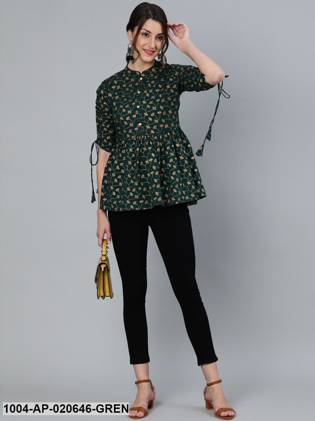 Green Mandarin Collar Cinched Waist Top