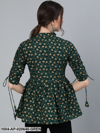 Green Mandarin Collar Cinched Waist Top