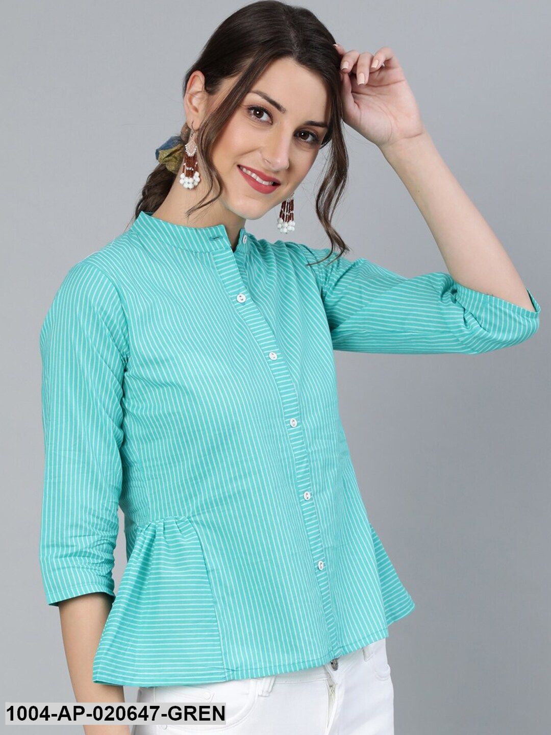 Green Striped Mandarin Collar Peplum Top – Trendphoria