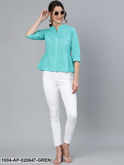 Green Striped Mandarin Collar Peplum Top
