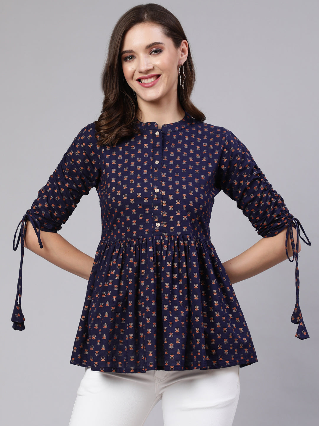 Navy Blue & Gold Printed Peplon Top