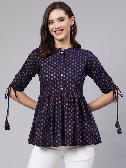 Navy Blue & Gold Printed Peplon Top