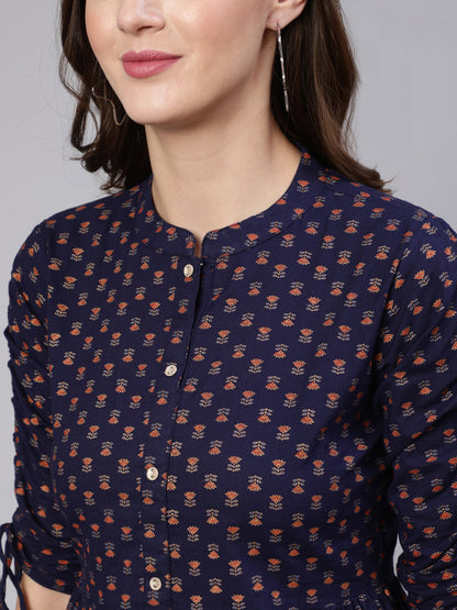 Navy Blue & Gold Printed Peplon Top