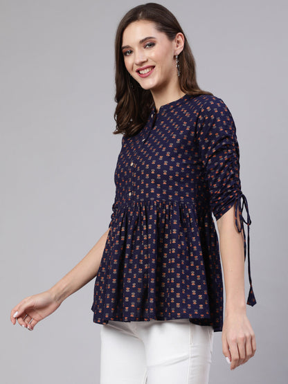 Navy Blue & Gold Printed Peplon Top