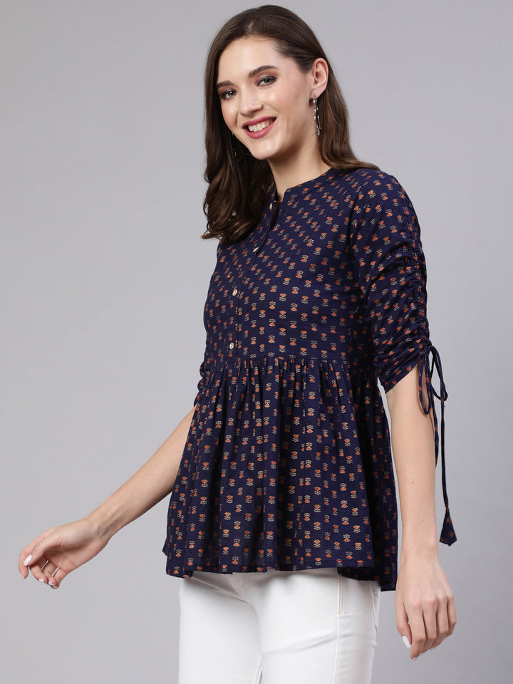 Navy Blue &amp; Gold Printed Peplon Top
