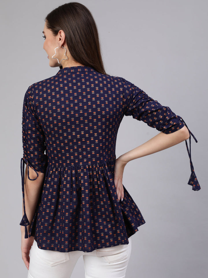 Navy Blue &amp; Gold Printed Peplon Top