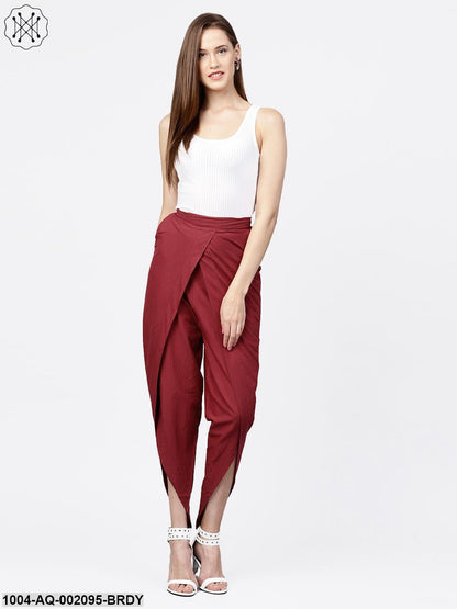 Solid Wine Ankle Length Cotton Tulip Pant