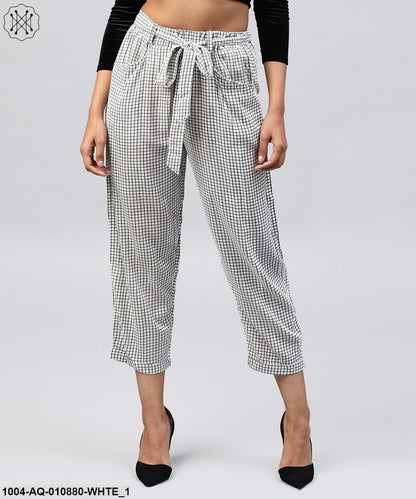 White & Black Small Checked Cotton Ankle Length Trouser